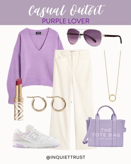 Here's a casual outfit inspo for my fellow purple lovers! A v-neck sweater, wide-leg pants, sneakers, and a cute tote bag!
#comfyclothes #modestlook #fashionfinds #shoeinspo

#LTKitbag #LTKshoecrush #LTKstyletip
