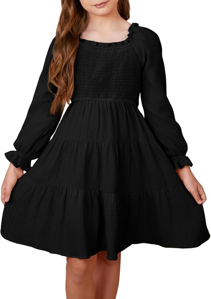 blibean Girls Cotton Long Sleeve Dresses Ruffled Boho Tiered Dress Size 6-15 Years | Amazon (US)