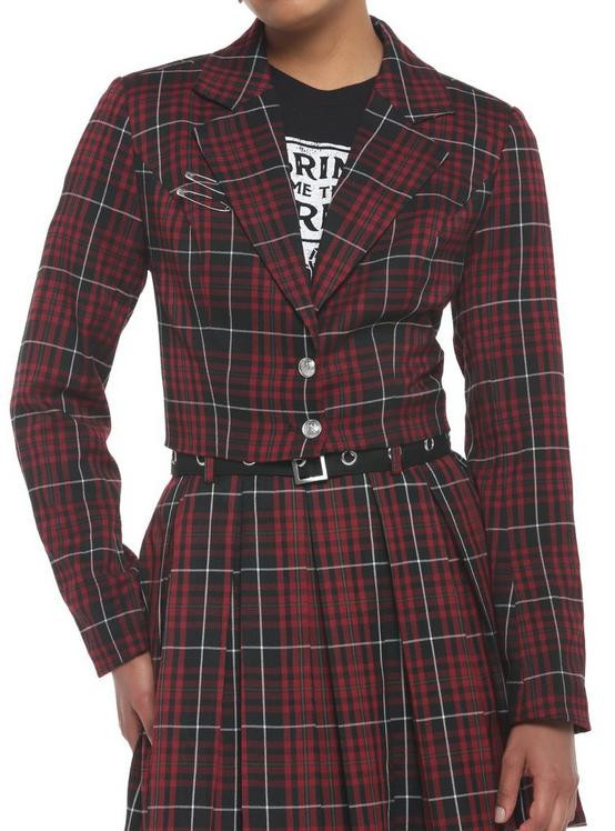 Dark Red Plaid Crop Girls Blazer | Hot Topic