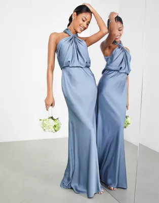 ASOS EDITION satin ruched halter neck maxi dress in dusky blue | ASOS (Global)