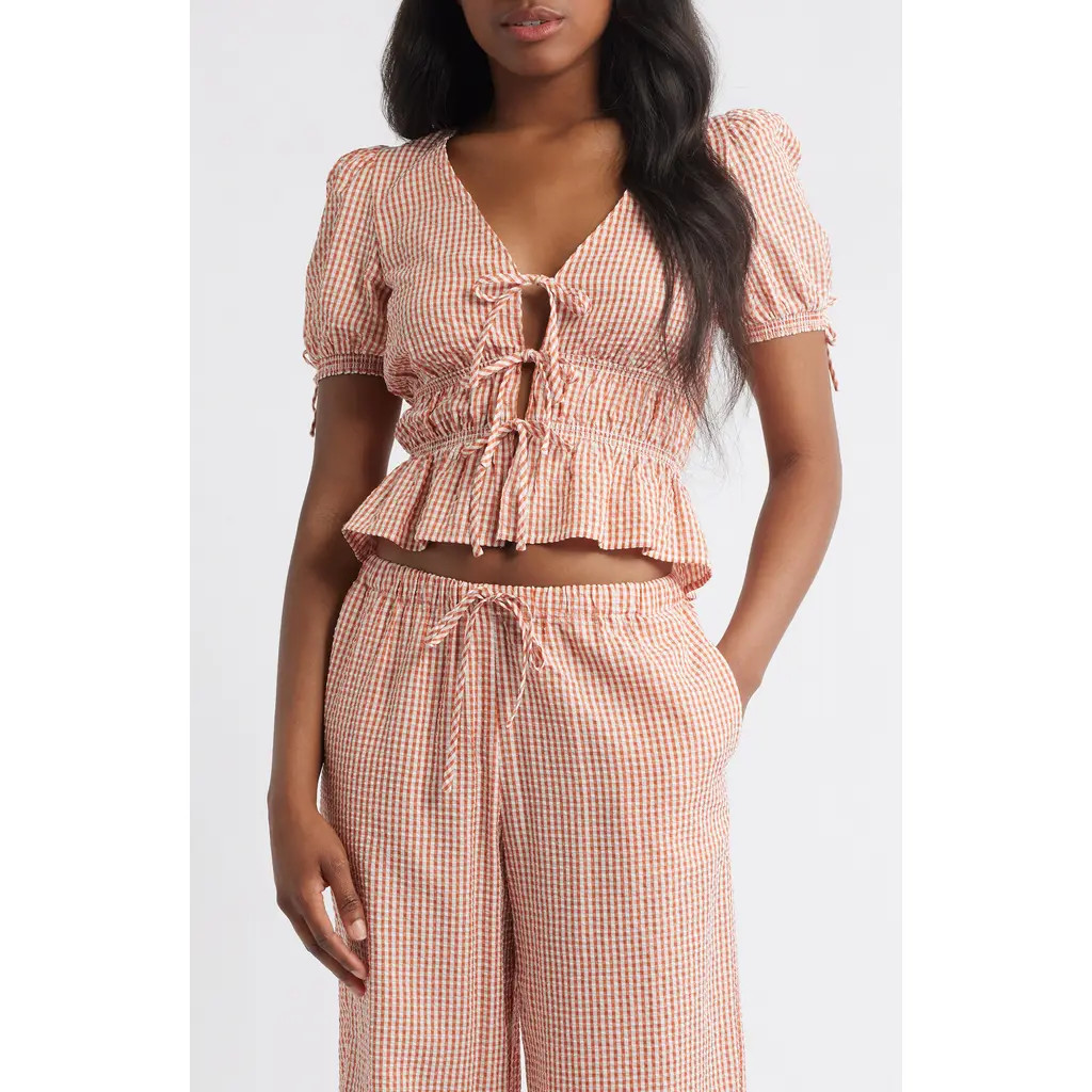 WAYF x Styled by COCO! Nina Gingham Seersucker Tie Front Top in Clay Seersucker at Nordstrom Rack, Size Large | Nordstrom Rack