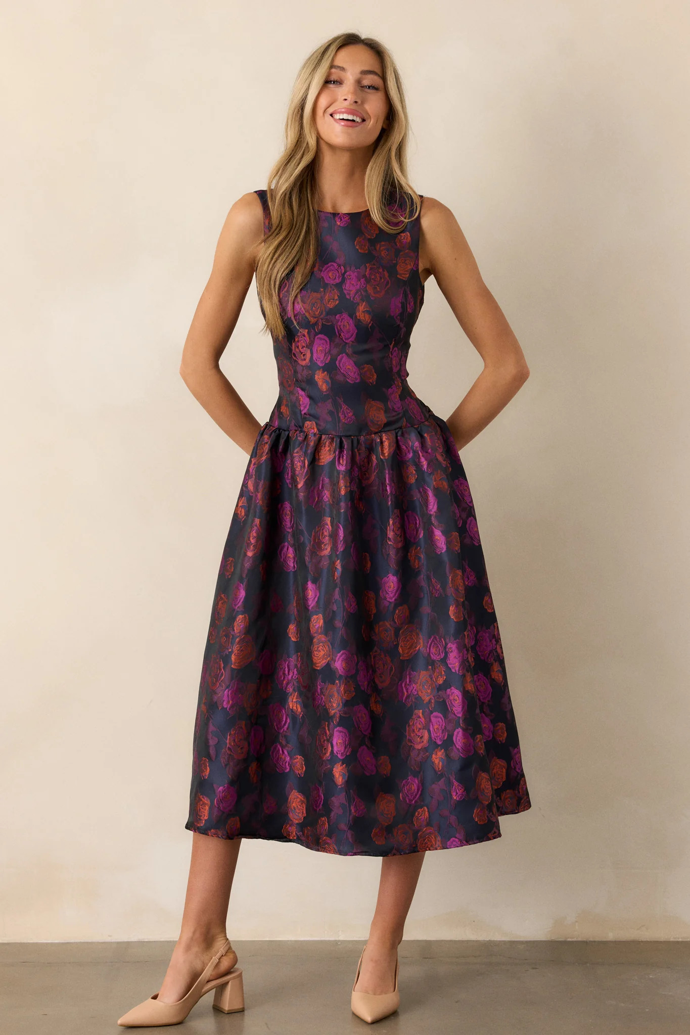 Windswept Garden Purple Floral Drop Waist Midi Dress | Red Dress
