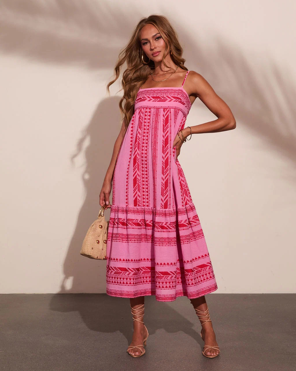 Artisan Breeze Cotton Aztec Embroidered Midi Dress - Pink Multi / S | VICI
