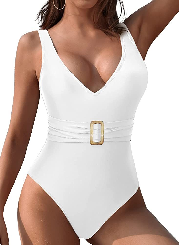 SHEKINI Women's Deep V-Neck Belt Bathing Suit Low Back High Cut One Piece Swimsuit | Amazon (US)