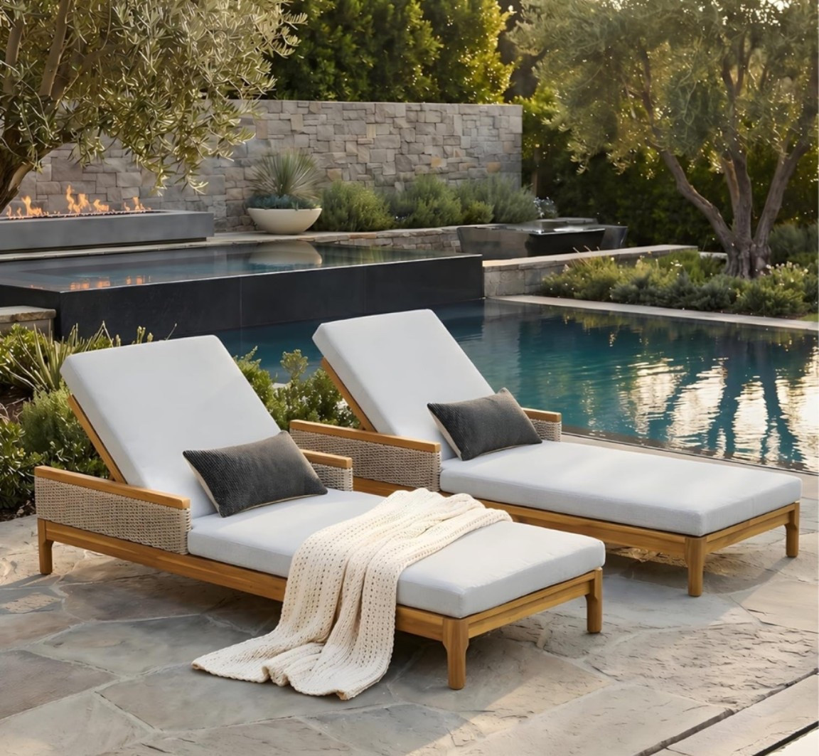 These chaise lounges are giving luxury resort meets coastal retreat. 🏖️ The natural acacia wood, woven rattan accents, and plush light gray cushions create such an elevated look for poolside lounging, tanning, reading outside, and relaxing summer afternoons. Timeless, sophisticated, and beautifully designed, they're the kind of outdoor pieces that instantly make a backyard feel more expensive. 

Perfect for creating that resort-inspired outdoor oasis you'll never want to leave. ☀️

#LTKHome #LTKOver40 #LTKSwim