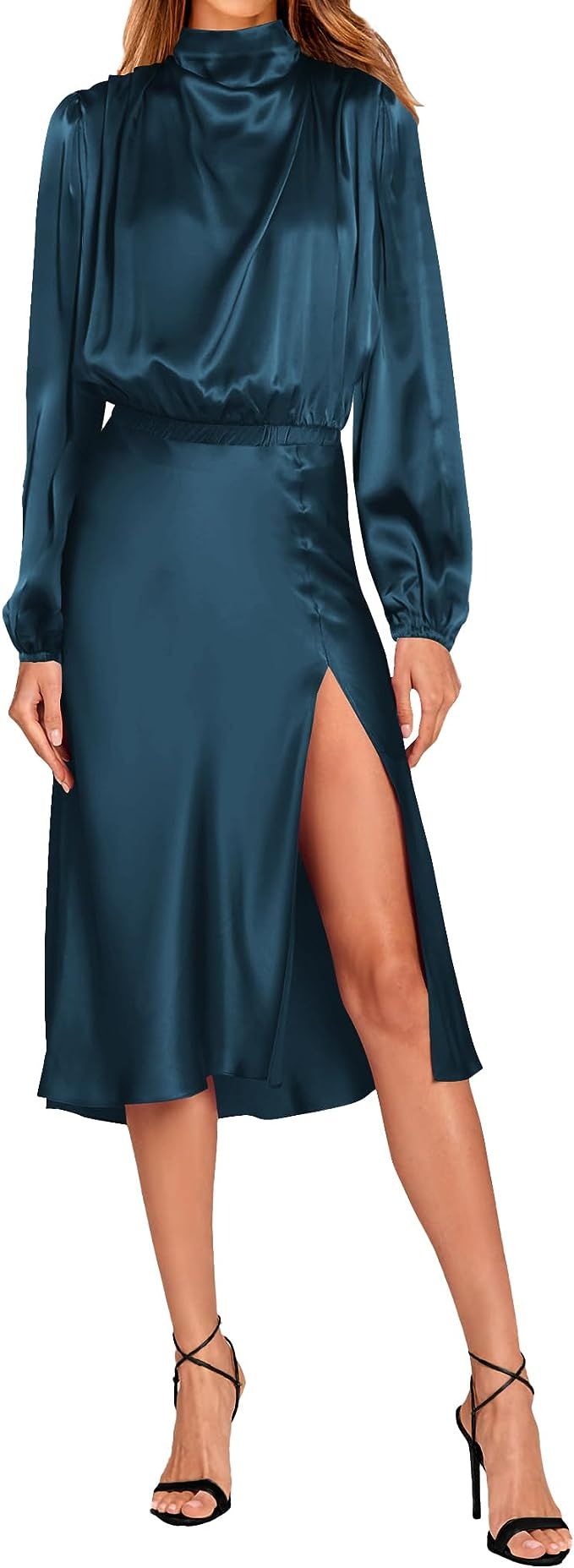 PRETTYGARDEN Women Fall Formal Mock Neck Long Sleeve Satin Dress Elastic Waist High Slit Midi Wed... | Amazon (US)