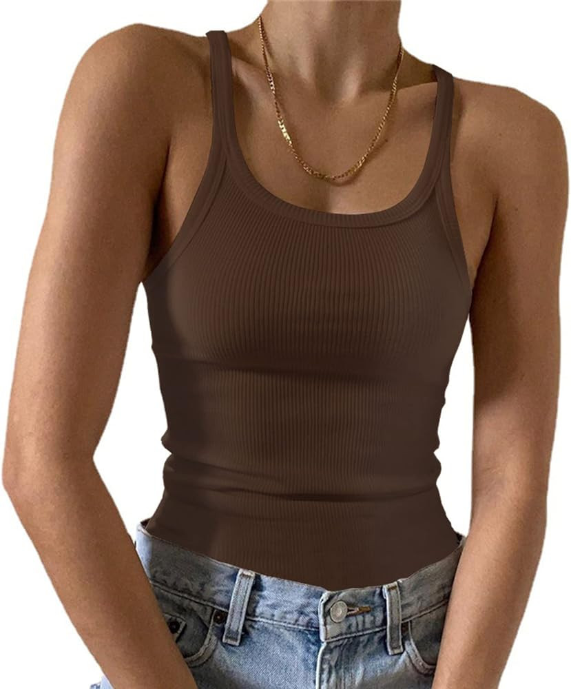 Artfish Women's Sleeveless Tank Top Form Fitting Scoop Neck Ribbed Knit Basic Cami Shirts | Amazon (US)