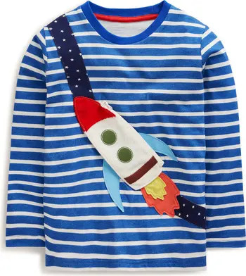 Mini Boden Kids' Stripe Rocket Pocket Appliqué Long Sleeve Cotton Graphic T-Shirt | Nordstrom | Nordstrom
