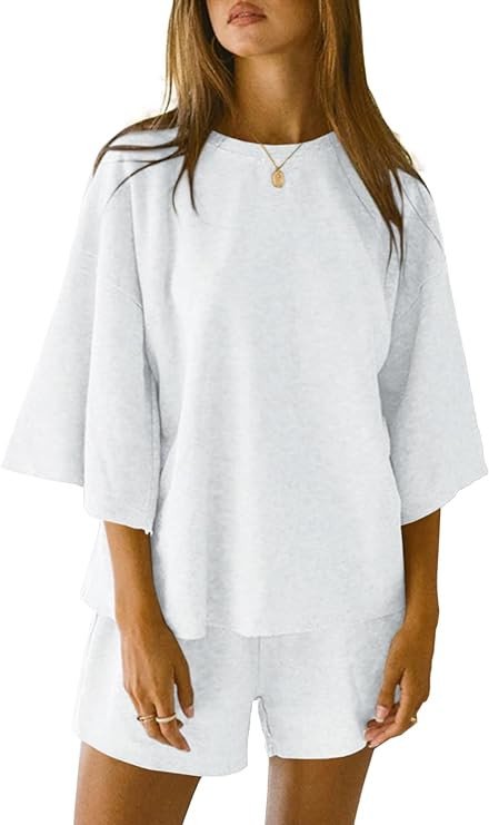 Tankaneo Womens 2 Piece Outfits 3/4 Sleeve Tops and Elastic Waist Shorts Lounge Sets Loungewear | Amazon (US)