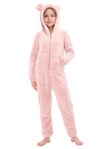 rrhss Girls Sherpa Fleece Onesie Pajamas Kids Zip-Front Animal One-Piece Hooded Sleepwear 5-14 Years Light Pink | Amazon (US)