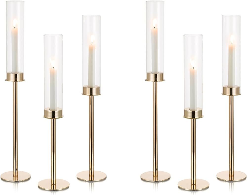 NUPTIO Hurricane Glass Candle Holders: 6 Set 23.6 & 21.7 & 19.7 in Tall Gold Metal Candlestick Holder with Crystal Chimney Tube Brass Tiered Taper Candles Stands for Christmas Holiday Party Decoration | Amazon (US)