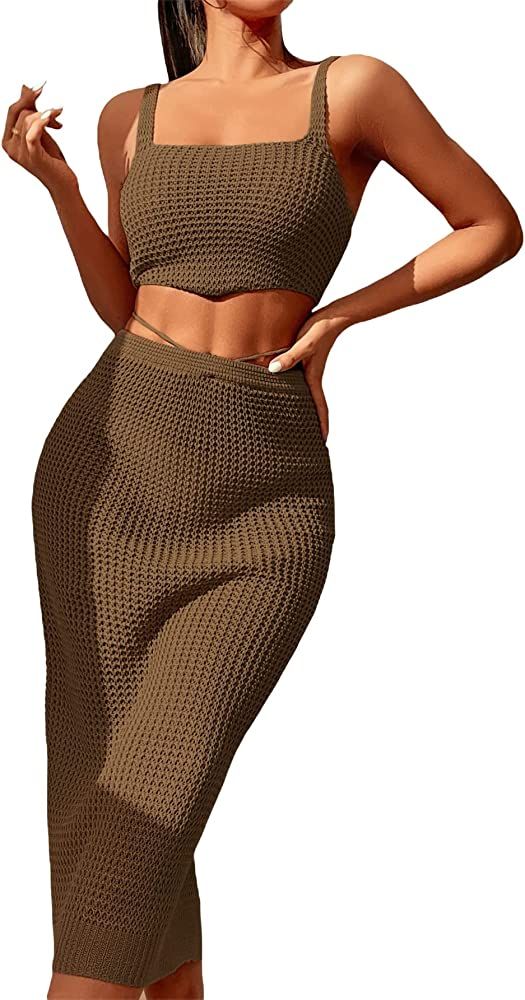 MakeMeChic Women's 2 Piece Crochet Swimsuit Cover Up Crop Tank Top and High Waisted Beach Skirt S... | Amazon (US)