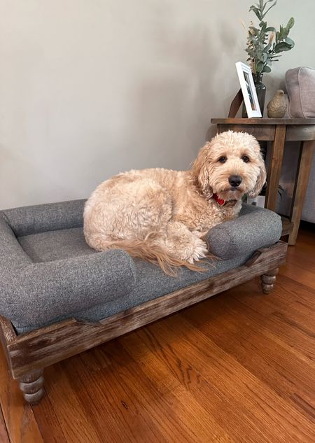 Perfect wooden platform dog bed for your pup that compliments any space in your home. Great for small to medium sized dogs. Milo is 50lbs for reference .