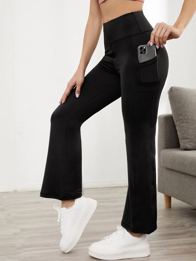 Solid Wide Waistband Sports Pants With Phone Pocket | SHEIN