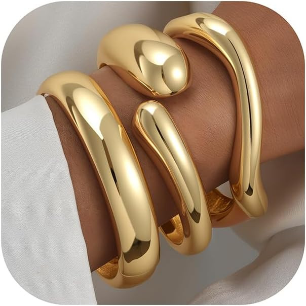 Amazon.com: iF YOU Chunky Gold Bangle Bracelets for Women, 14k Gold Plated Multi Big Layer Stacka... | Amazon (US)