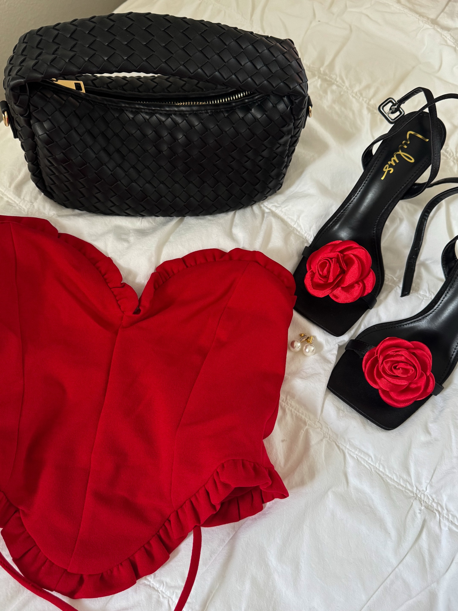 Date night outfit 

Galentines outfit , rosette heel , rosette , heart top , red strapless top, lace up top, rose heel 

#LTKSeasonal #LTKSpring