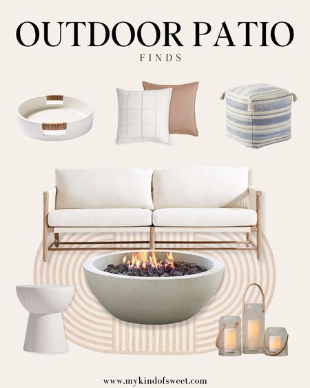 I love this Crate & Barrel Outdoor Sofa for summer. Paired with this Pottery Barn Concrete Round Fire Pit and West Elm Striped Outdoor Rug, your patio will be ready for family s’mores nights. 

#LTKHome #LTKFamily #LTKSeasonal