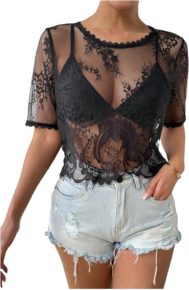 SOLY HUX Women's Sheer Mesh Crop Top Lace Short Sleeve Crew Neck See Through Tshirts Summer Outfi... | Amazon (US)