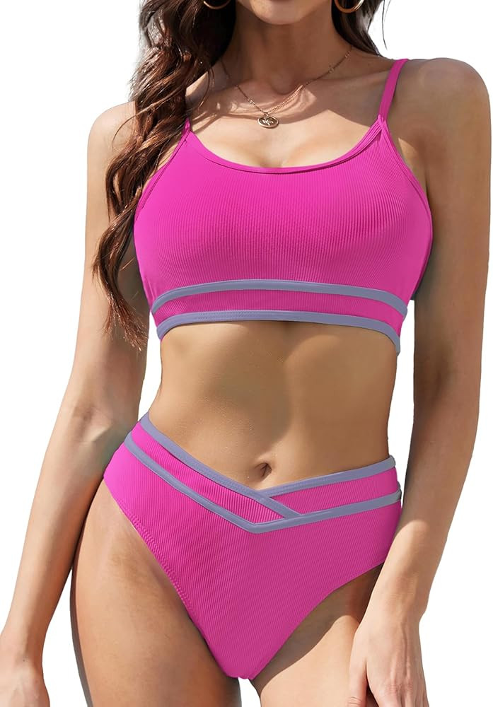 Women's High Waisted Bikini Sets Sporty 2 Piece Swimsuit High Cut Ribbed Bathing Suit | Amazon (US)