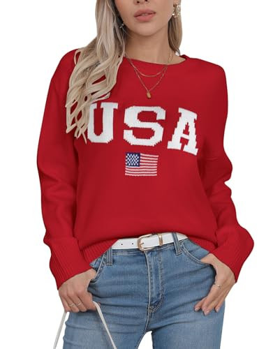 shermie Women's Long Sleeve Crew Neck Sweater Lightweight USA Letter American Flag Pullover Sweaters Red Large | Amazon (US)
