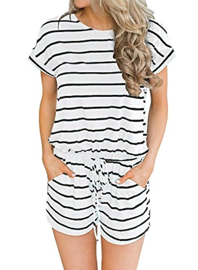 MIHOLL Women's Summer Striped Jumpsuit Casual Loose Short Sleeve Jumpsuit Rompers | Amazon (US)