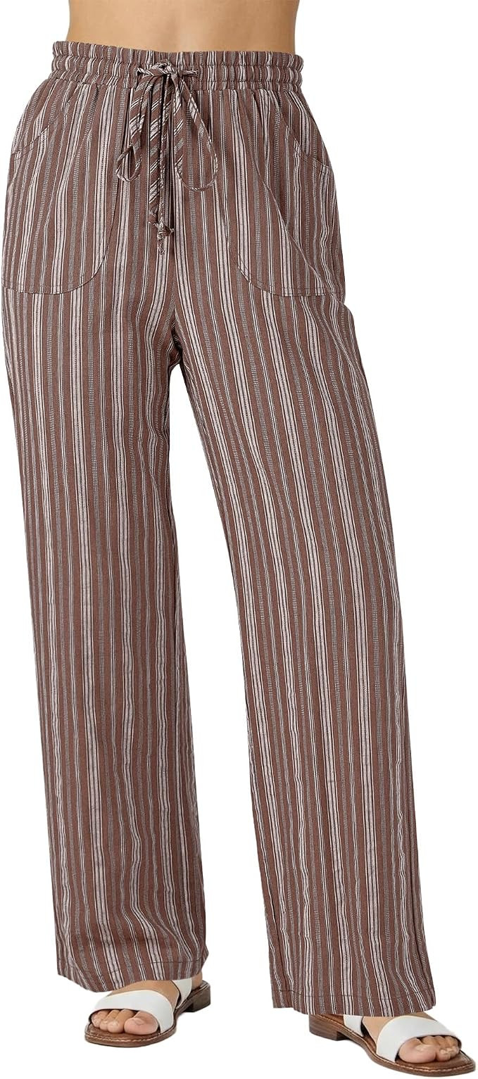 GRAPENT Linen Pants Women Wide Leg Striped High Waisted Pull On Elastic Waist Casual Summer Beach... | Amazon (US)