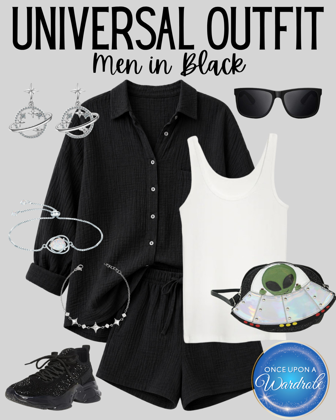 Universal Studios outfit idea inspired by Men in Black! 🖤 This black matching set, white tank, black sneakers, sunglasses, UFO bag, and space-inspired accessories make an easy Universal Orlando park outfit for a day of rides, shows, snacks, and alien-blasting fun. Shop this Universal Studios outfit in my LTK! 

 #LTKootd #LTKTravel