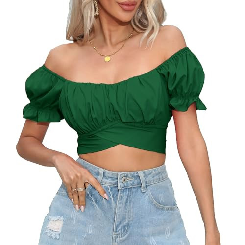 COOUFE Women's Crop Tops Ruffle Short Sleeve Tie Back Summer Off Shoulder Top Blouse Green XS | Amazon (US)
