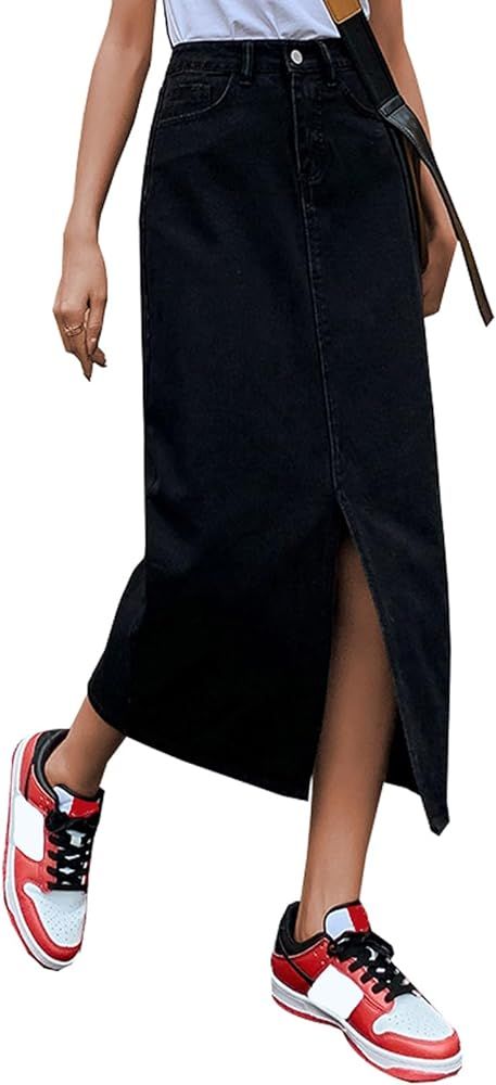 Women's Casual Slit Denim Midi Jean Skirt Button Up Stretch High Waist Frayed with Pockets | Amazon (US)