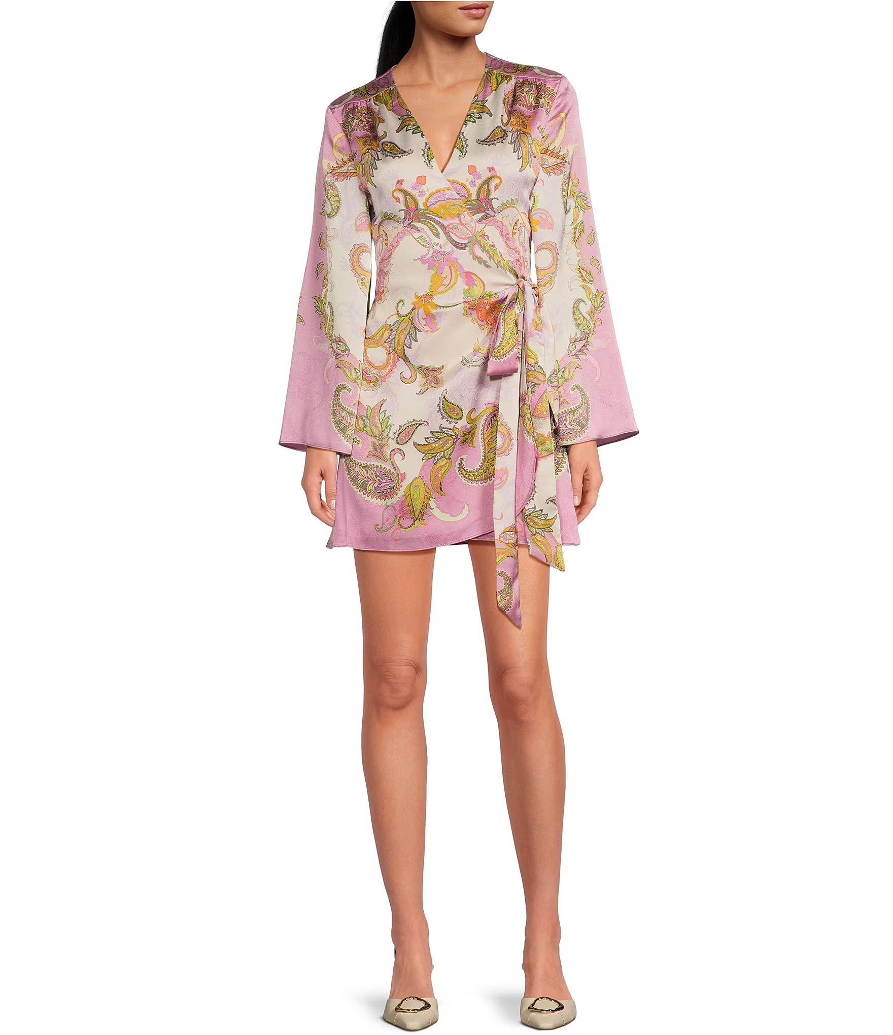 Jenni Paisley Printed Satin V-Neck Long Sleeve Mini Wrap Dress | Dillard's