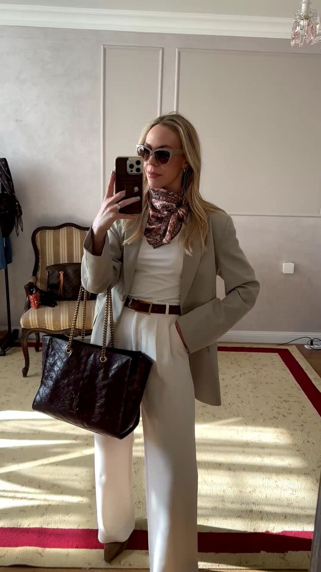 Work outfit, spring workwear, business casual, oversized blazer with silk scarf, cream trousers, suede slingbacks (under $100)

#LTKootd #LTKWorkwear #LTKOver40