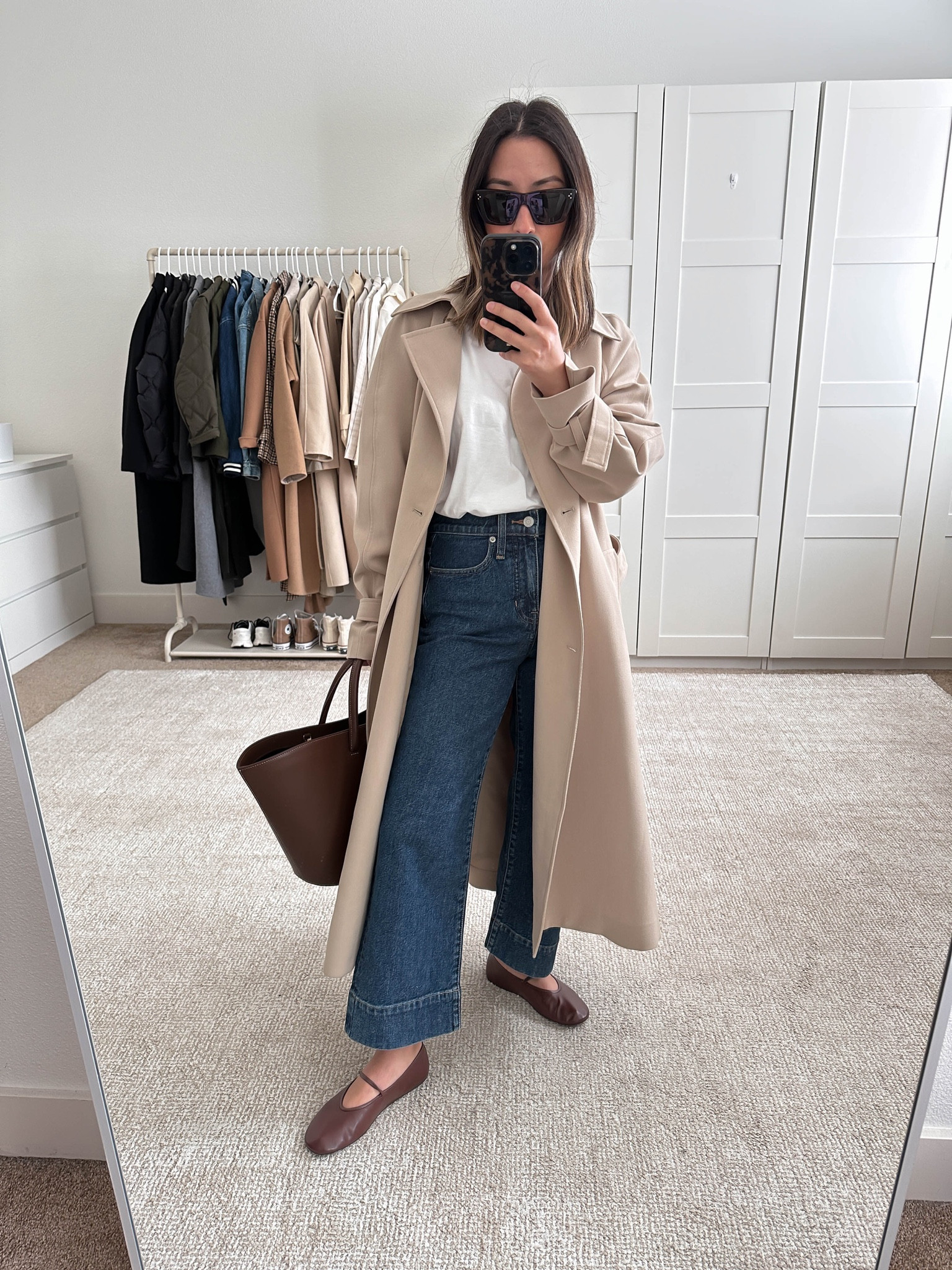 New maryjane flats from Jeffrey Campbell. These are an near identical dupe for The Row. These are incredibly comfortable! Like butter. Tan and brown run tts. Blacks runs a half size small 

Oak & Fort trench xxs
Everlane tee  medium
Jcrew jeans 24 petite
Jeffrey Campbell flats 5
Little Liffner tote 
Celine sunglasses

#LTKitbag #LTKSeasonal #LTKshoecrush