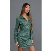 Khaki Faux Leather Button Down Shirt Dress | PrettyLittleThing CAN