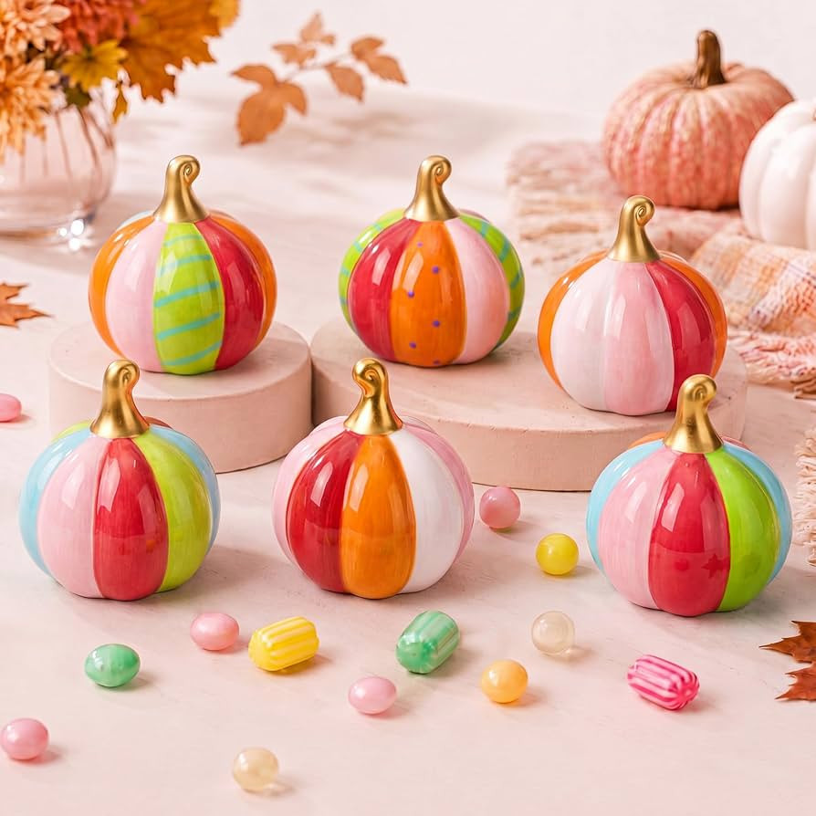DoubleFill 6 Pcs Rainbow Colorful Striped Ceramic Pumpkins Fall Table Decor | Amazon (US)