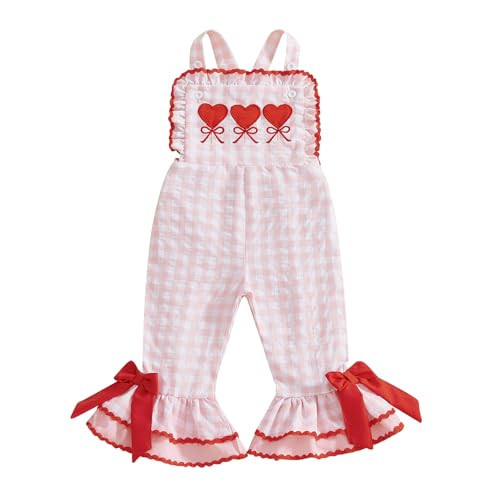 Toddler Baby Girl Valentiens Outfit Love Heart Romper Long Flared Jumpsuit Valentines Day Overalls 0-7 Years Old (Red- Heart, 3-4T) | Amazon (US)