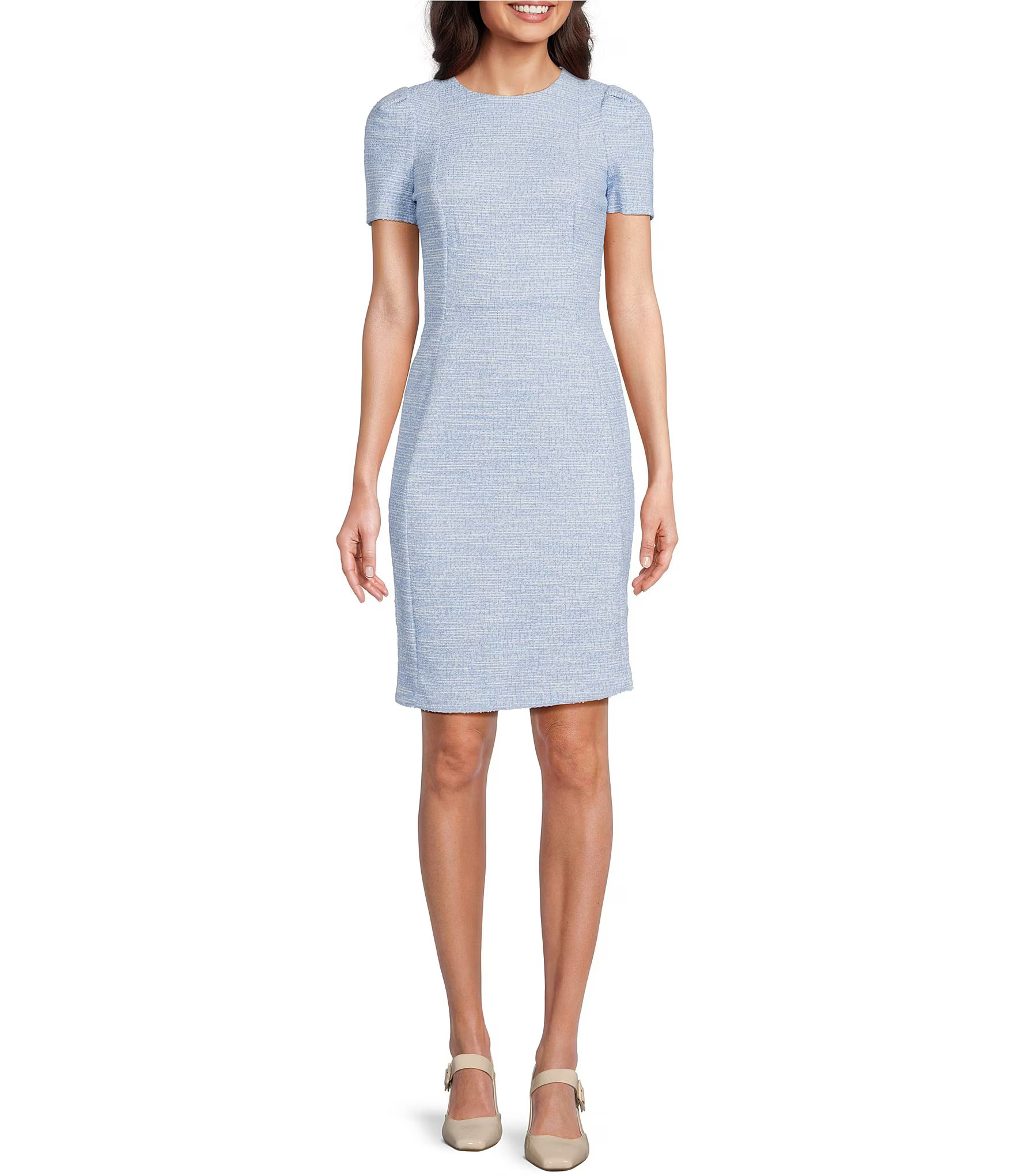 Short Sleeve Crew Neck Tweed Sheath Dress | Dillard's