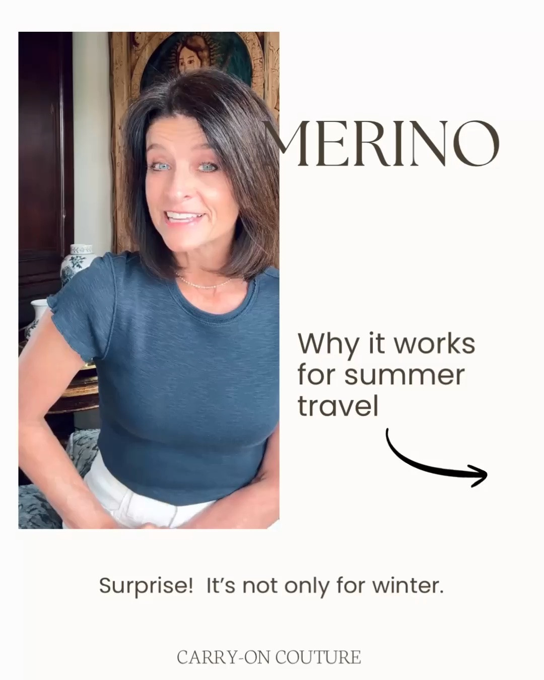 Most people think merino wool is only for winter.

It’s actually one of my favorite fabrics for summer travel.

Merino is naturally breathable, moisture-wicking, and odor-resistant, making it an excellent choice for long travel days and warm destinations. It helps regulate your body temperature, dries quickly, and can often be worn multiple times before it needs to be washed.

I especially love merino for travel t-shirts, lightweight sweaters, and layers when temperatures fluctuate throughout the day.

Fabric first. Style second.

#LTKOver40 #LTKTravel