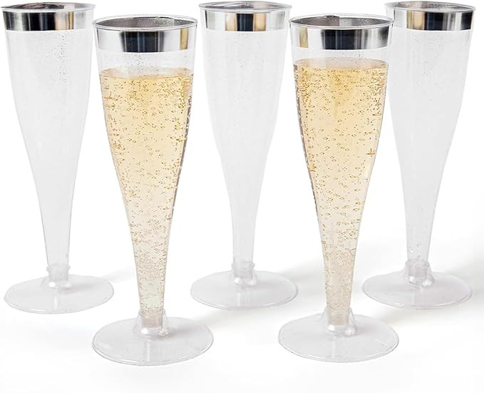 Prestee Set of 24 Silver Glitter Plastic Champagne Flutes - 4.5 oz Capacity - Shatterproof Durabl... | Amazon (US)