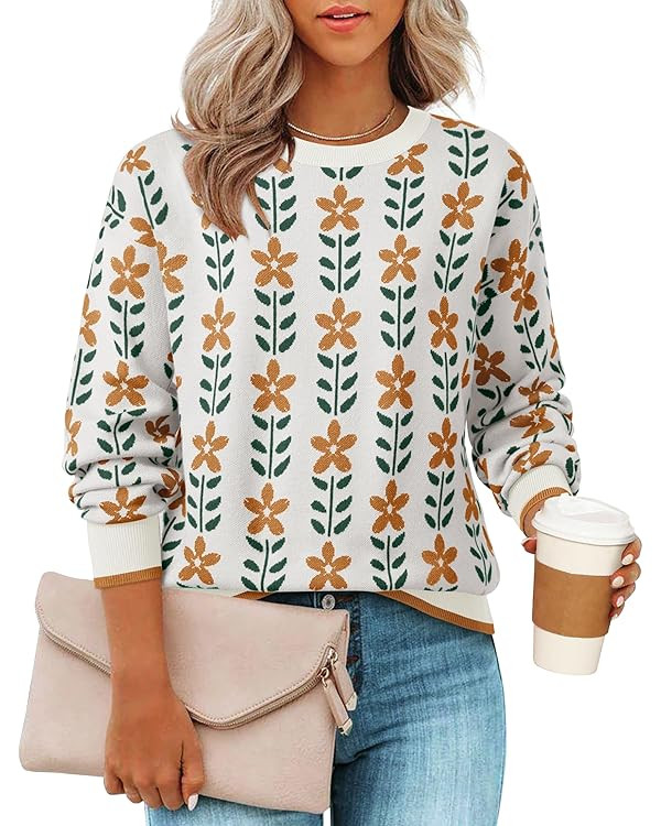 ZESICA Women's Long Sleeve Crewneck Sweater 2025 Fall Printed Cute Oversized Knitted Pullover Top... | Amazon (US)