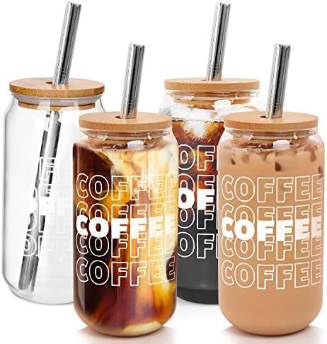 Iced Coffee Cup, Iced Coffee Cups with Lids and Straws, Beer Can Glass with Lids and Straw, Iced Cof | Amazon (US)