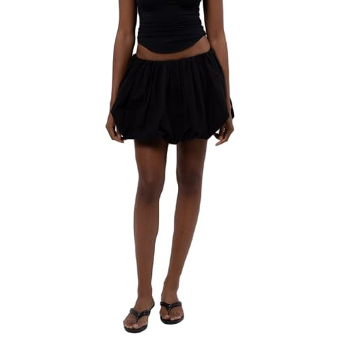 Women Y2k Bubble Mini Skirt Solid Color Casual Lantern Pleated Short Skirt Elastic Waist Puffy Ruffle Skirt (Black, S) | Amazon (US)