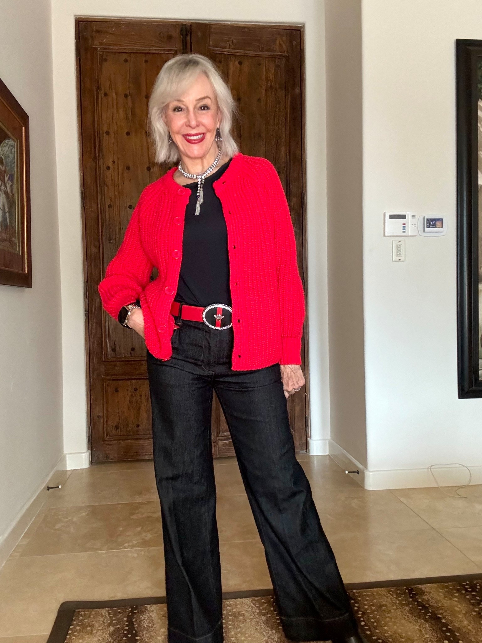 Trendy Y2k knit cardigan sweater, puff long sleeve, drop shoulder, crew neck, button down, open front, solid color, casual loose fit, slouchy style, comfy knit cardigan coat.
Red for Christmas! 
Black flare jeans and red leather belt. 
Black and rhinestone jewelry for a level up holiday outfit 
Red lipstick- YSL #1 and MAC red lippie

#LTKParties #LTKHoliday #LTKOver40