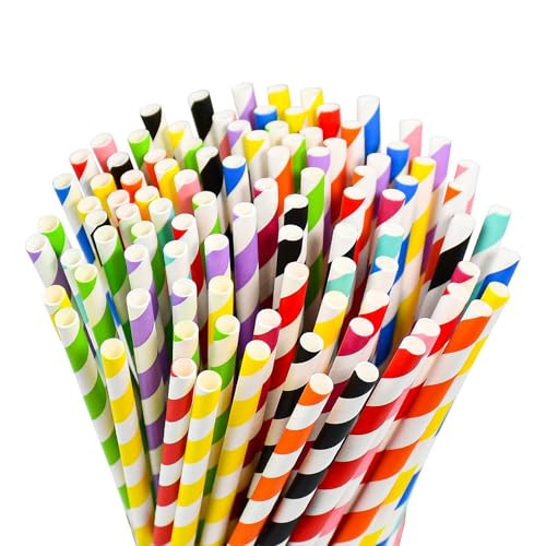 Lives on Green [100 Counts] 7.75 Inch Colorful Striped Disposable Paper Drinking Straws, 10 Assorted Colors, Compostable - for Cocktail, Party, Cake Pops, Crafts | Amazon (US)