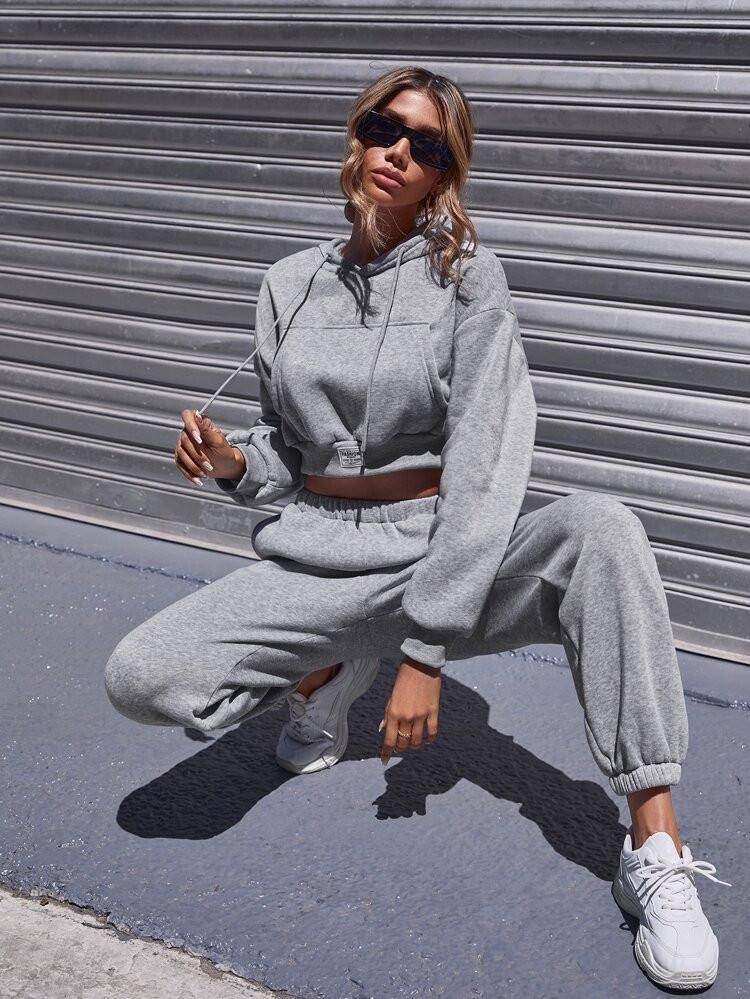 SHEIN EZwear Drop Shoulder Drawstring Crop Hoodie & Sweatpants | SHEIN