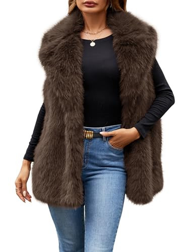 Simplee Women's Faux Fur Vest Coat Sleeveless Furry Jacket Warm Open Front Fur Vests Coffee M | Amazon (US)