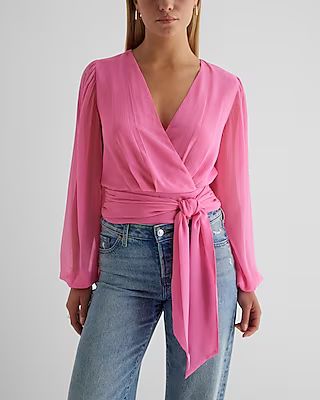 V-Neck Faux Wrap Tie Waist Cropped Top | Express