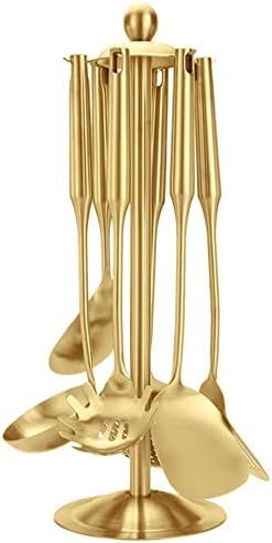 Gold Kitchen Utensils Set with Stand – 7 Piece 304 Stainless Steel Brass Cooking Tools with Rot... | Amazon (US)