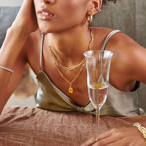 Gold Initial Tag Charm Necklace • Chain Reaction Necklaces Rose Silver 925•Personalized Custo... | Etsy (US)