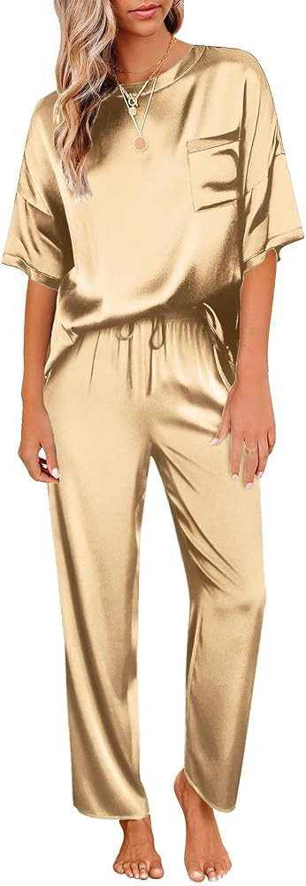 Ekouaer Womens Satin Silky Pajama Set Short Sleeve Shirt with Long Pajama Pant Set Soft PJ Lounge... | Amazon (US)