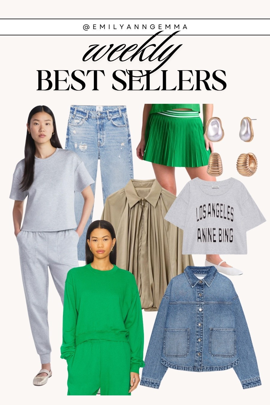 Weekly best sellers!

Green activewear set, Anine Bing tee, Walmart loungewear set, ripped straight jeans, gold earrings, Amazon jacket, and Zara denim jacket. 

 #LTKFindsUnder100 #LTKFindsUnder50 #LTKStyleTip